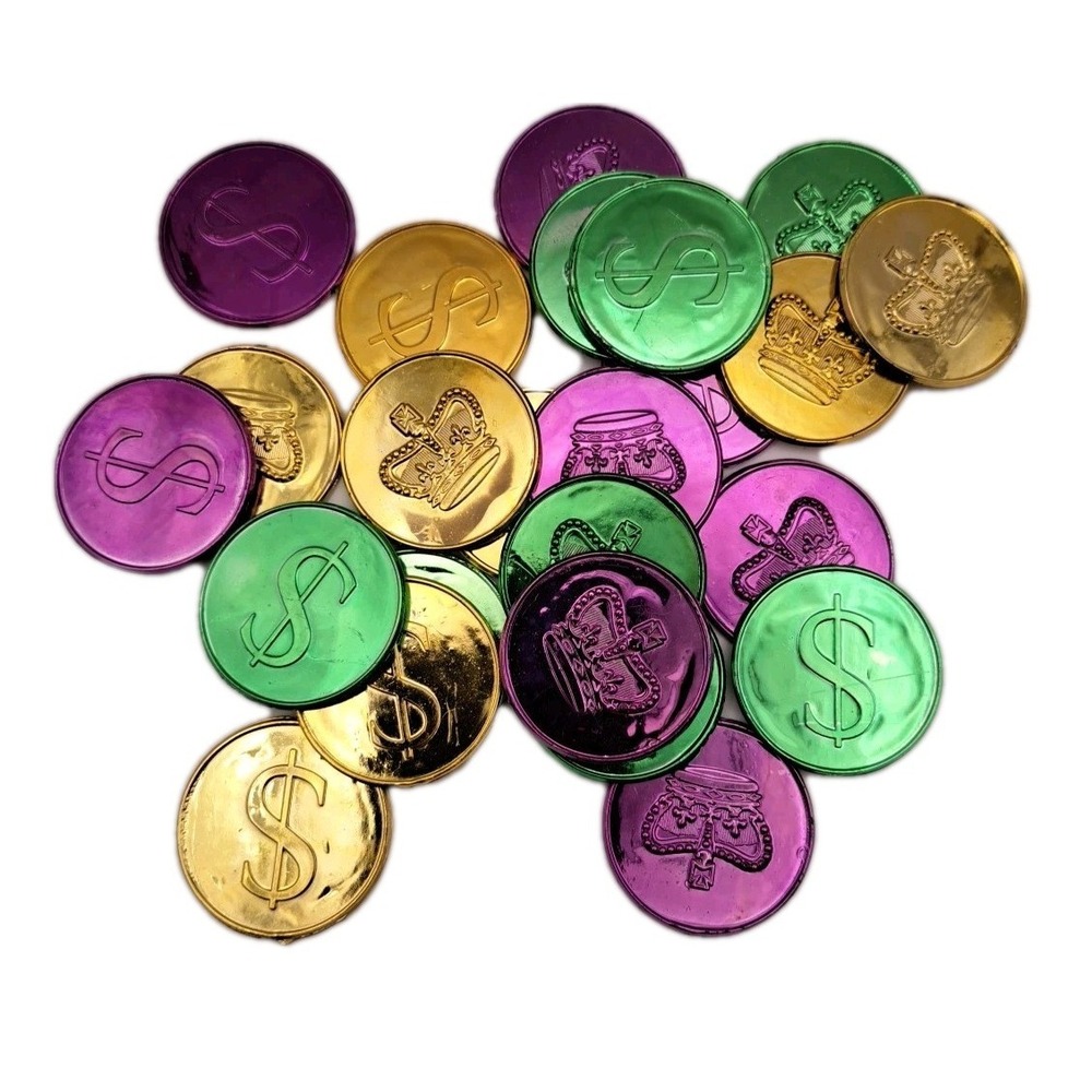 Lot of 24 Madi Gras Poker Chips Coins Toys Plastic Pink Green Gold Crafts